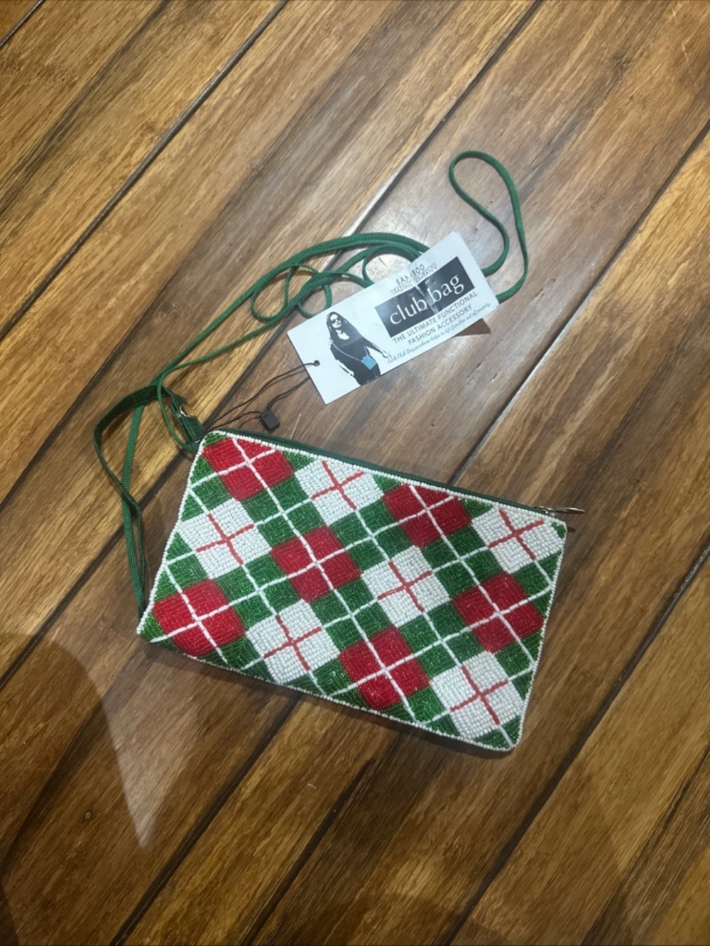Bamboo Trading Company Club Bag Wristlet Crossbody Plaid Beaded Green Red White